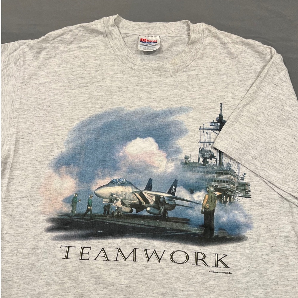 Vintage Hanes Heavyweight F-14 Tomcat Teamwork Aircraft Carrier Graphic Tee L